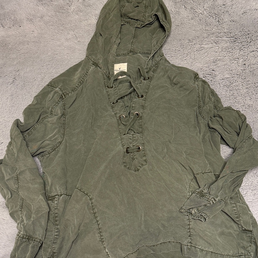 American Eagle Outfitters Olive Green Lace-Up Hooded Pullover